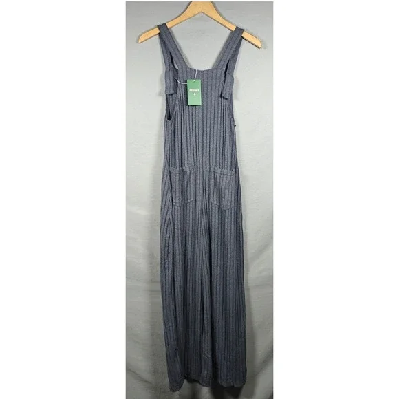 Halara Gray Ribbed Striped Wide Leg Jumpsuit Adjustable Straps XS NEW - Picture 3 of 14